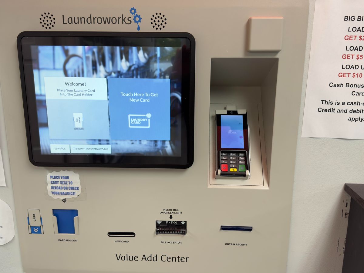 LaundryCat self-service payment kiosk at New Paltz Express Laundry