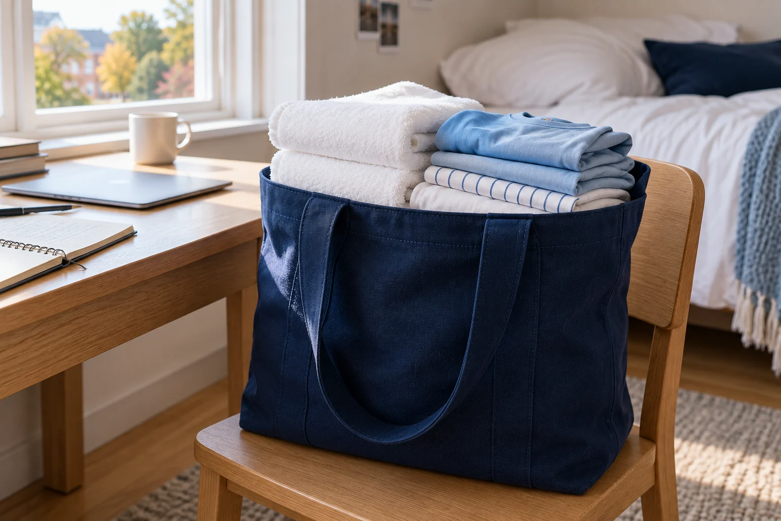 Clean folded laundry beside a college study desk